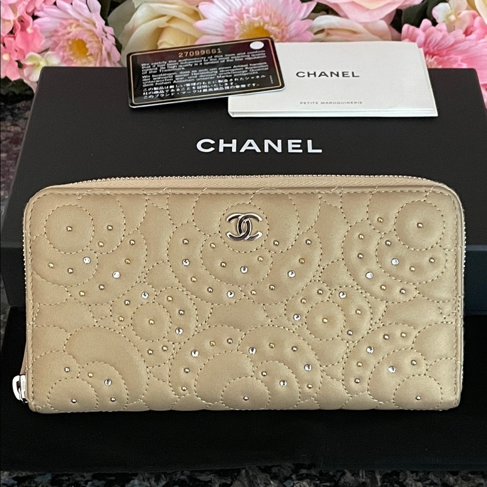 Authentic Chanel Gold Limited Edition Camelia Large Zip Around Wallet with box